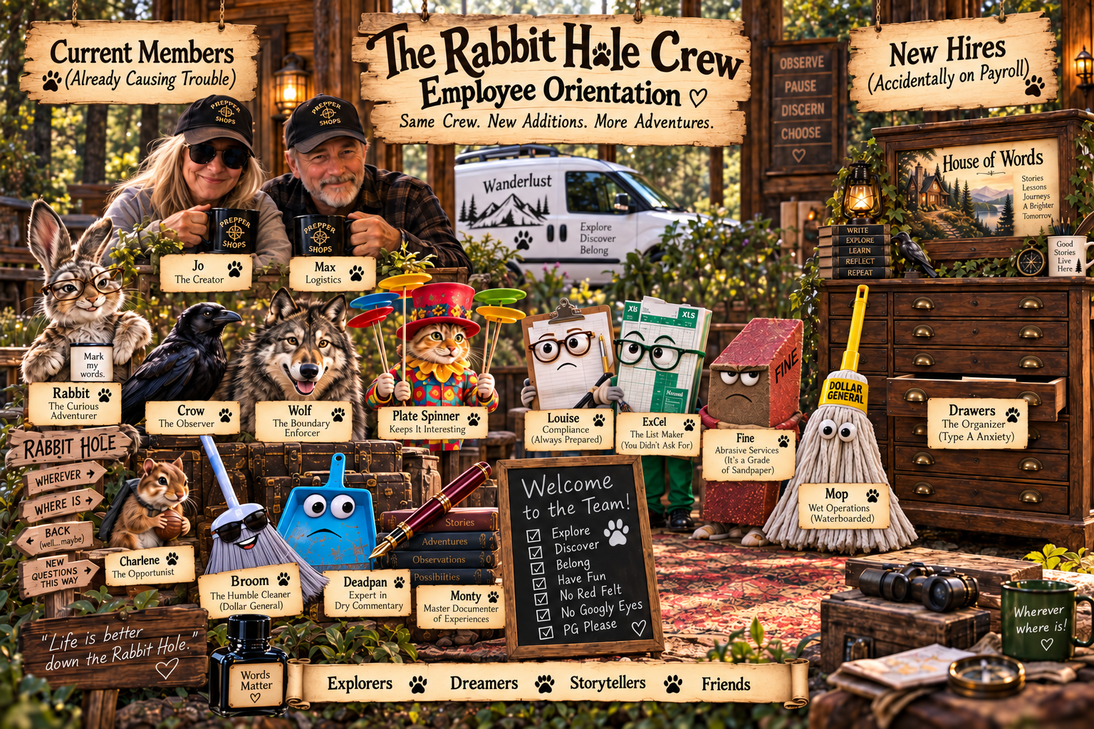 The Rabbit Hole crew welcomes new hires Louise, ExCel, Fine, Mop, and Drawers