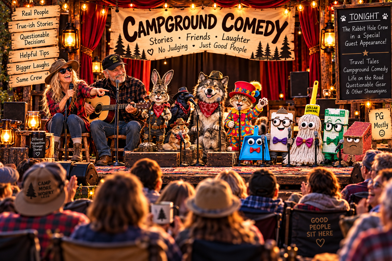 The Rabbit Hole crew waits on the Campground Comedy stage in their best duds and doodads