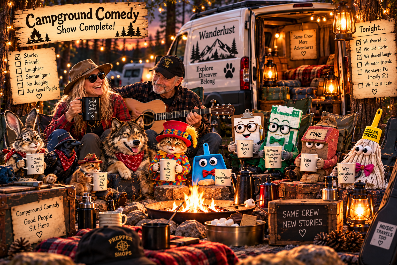 The Rabbit Hole crew gathers around the fire after completing the Campground Comedy show