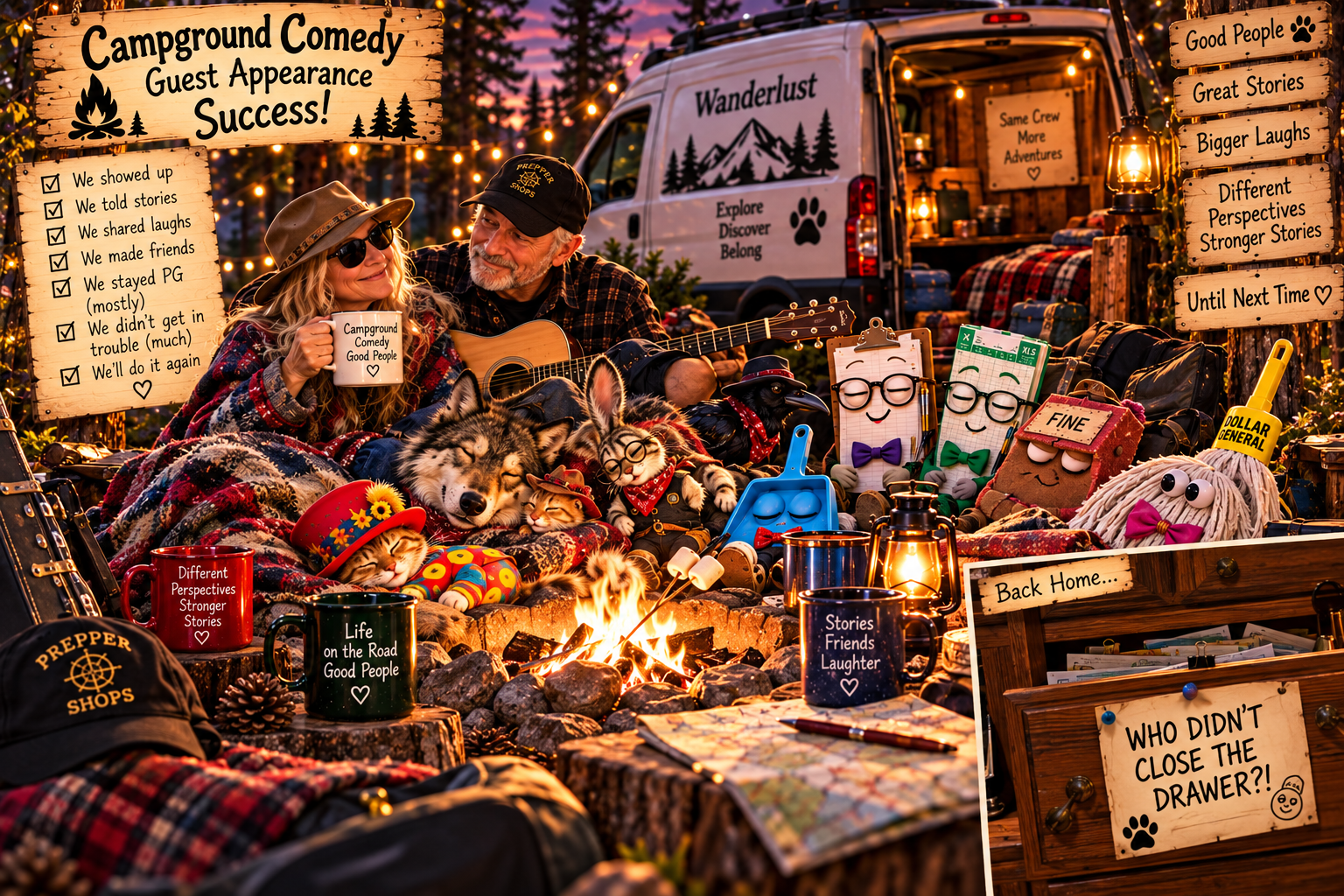 The Rabbit Hole crew rests by the fire beside Wanderlust as an open drawer asks who left it open