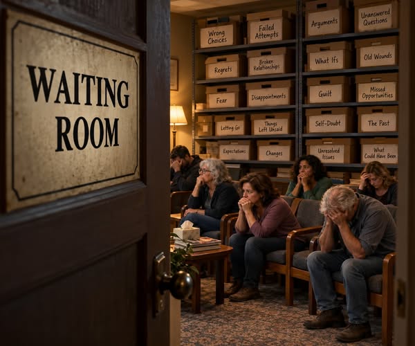 The Waiting Room, with people seated beneath shelves of labeled boxes.