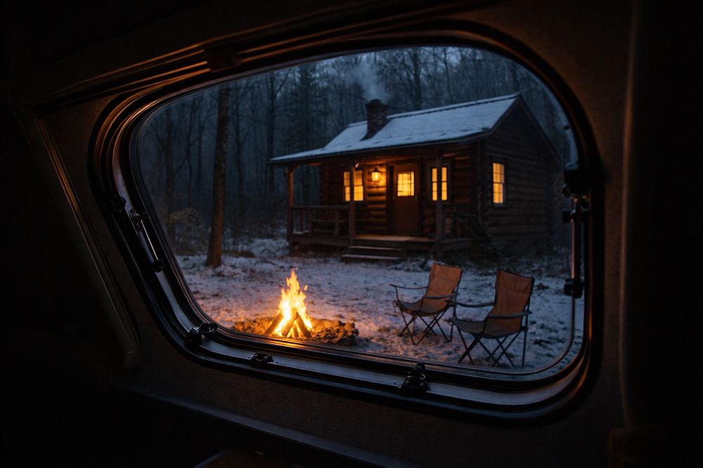 View through a camper window of a snowy log cabin, a campfire, and two folding chairs.