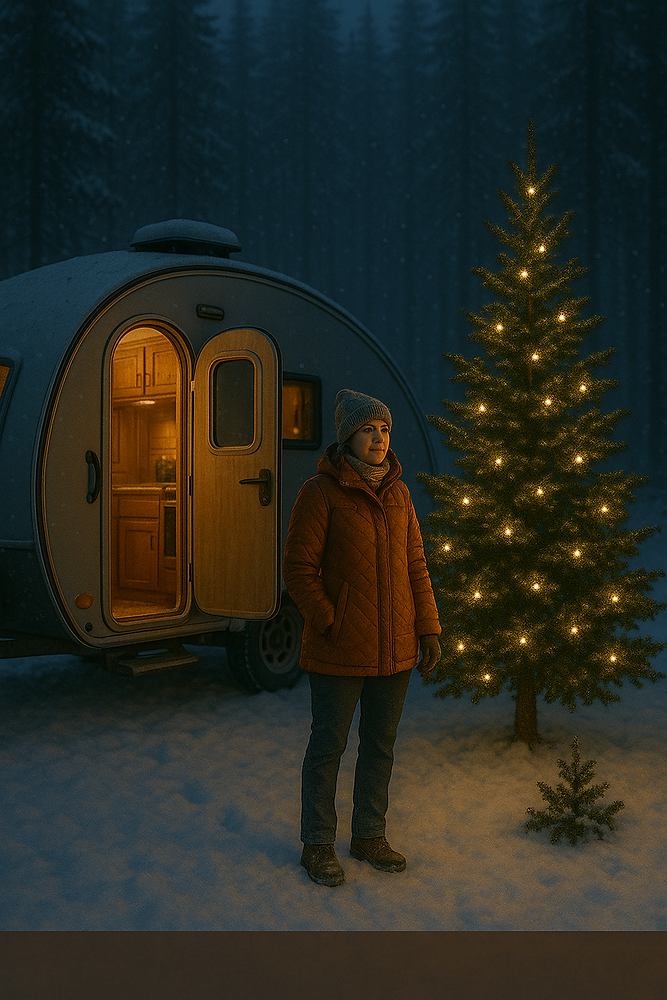 A woman stands in a snowy forest beside a warmly lit teardrop camper and a tree strung with lights.