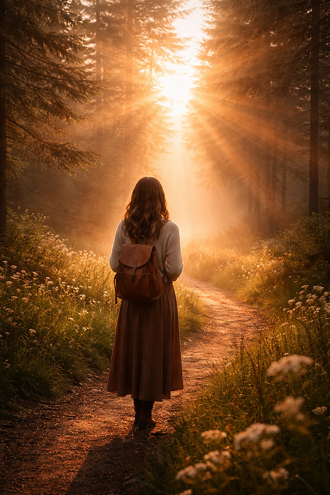 A woman wearing a backpack faces a forest path illuminated by golden sunlight through the trees.
