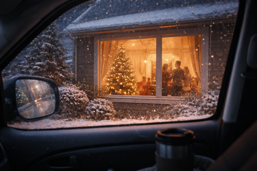 View through a snowy car window of a lit Christmas tree and people gathered inside a house.