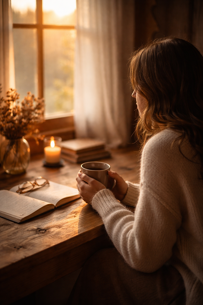 Woman pausing quietly in a softly lit room