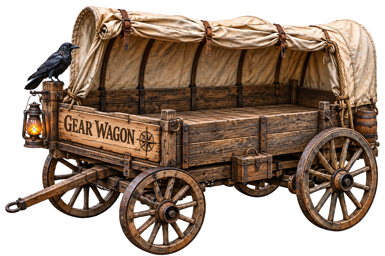 An empty covered wooden Gear Wagon, coming soon