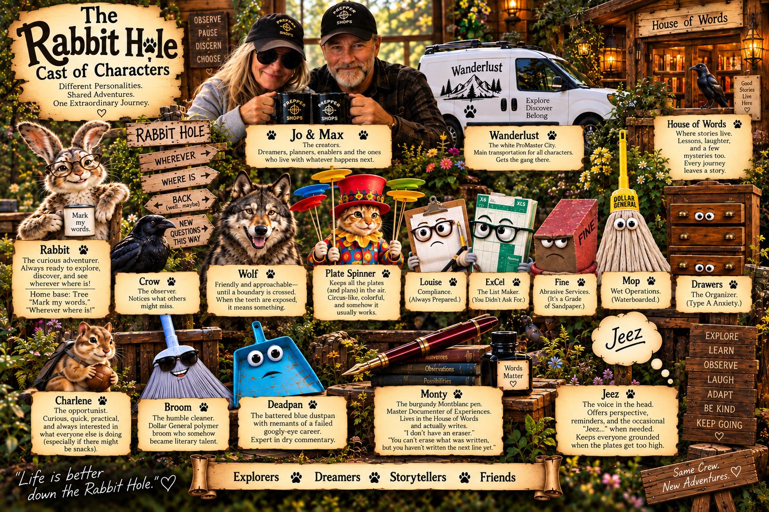 Approved group portrait of the Rabbit Hole cast, with their names and descriptions