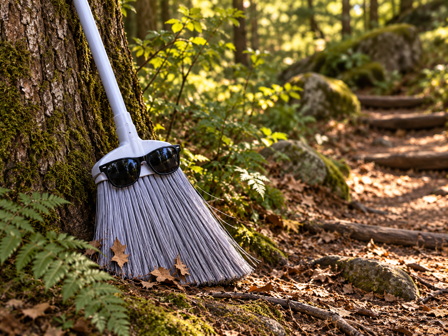 Broom leans against a tree beside the woodland path