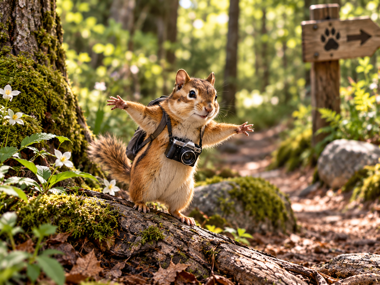 Charlene spreads her paws beside a woodland trail sign