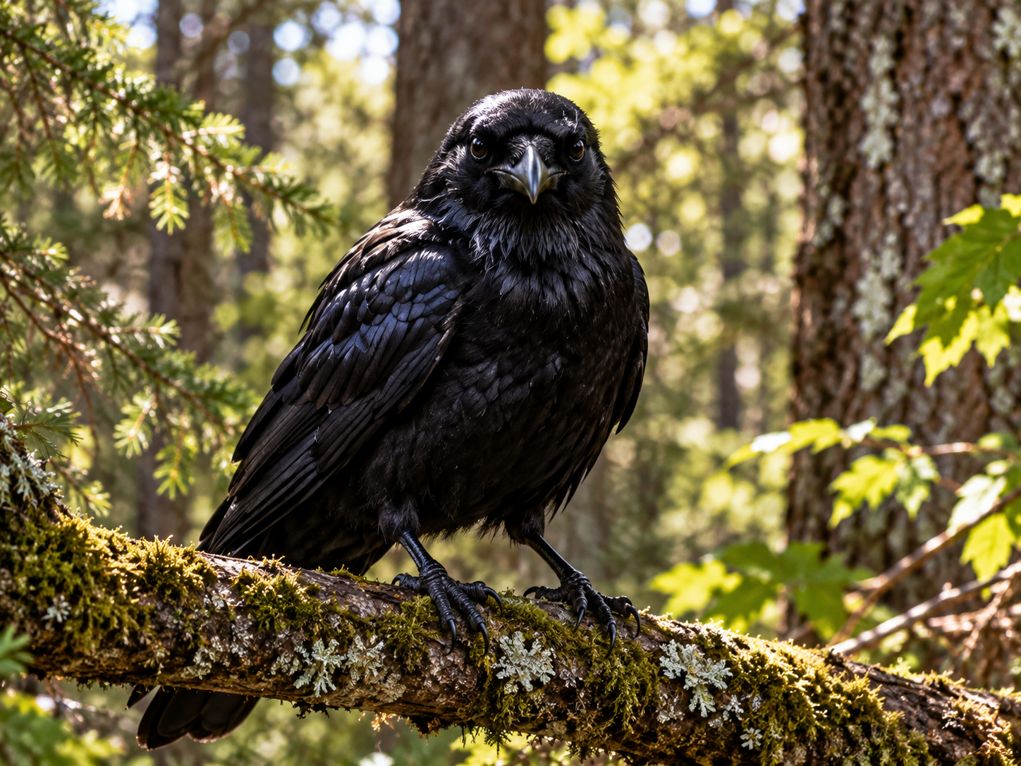 Crow perches on a moss-covered branch in the woods