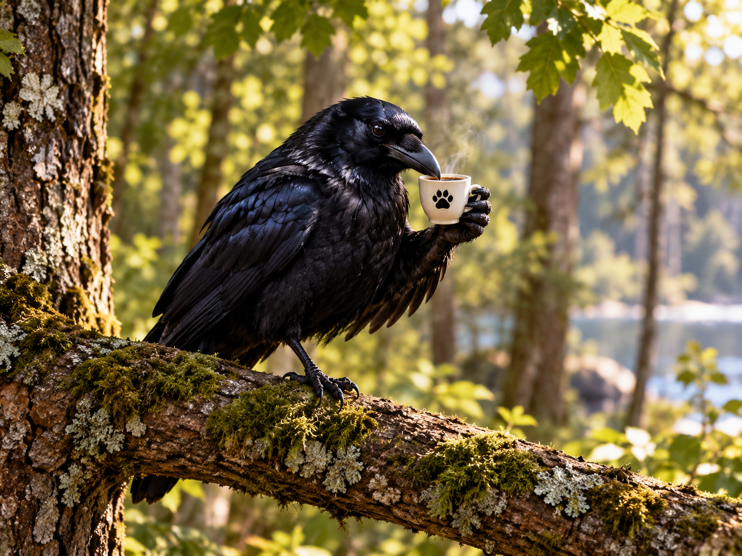 Crow holds a steaming coffee mug on a moss-covered branch