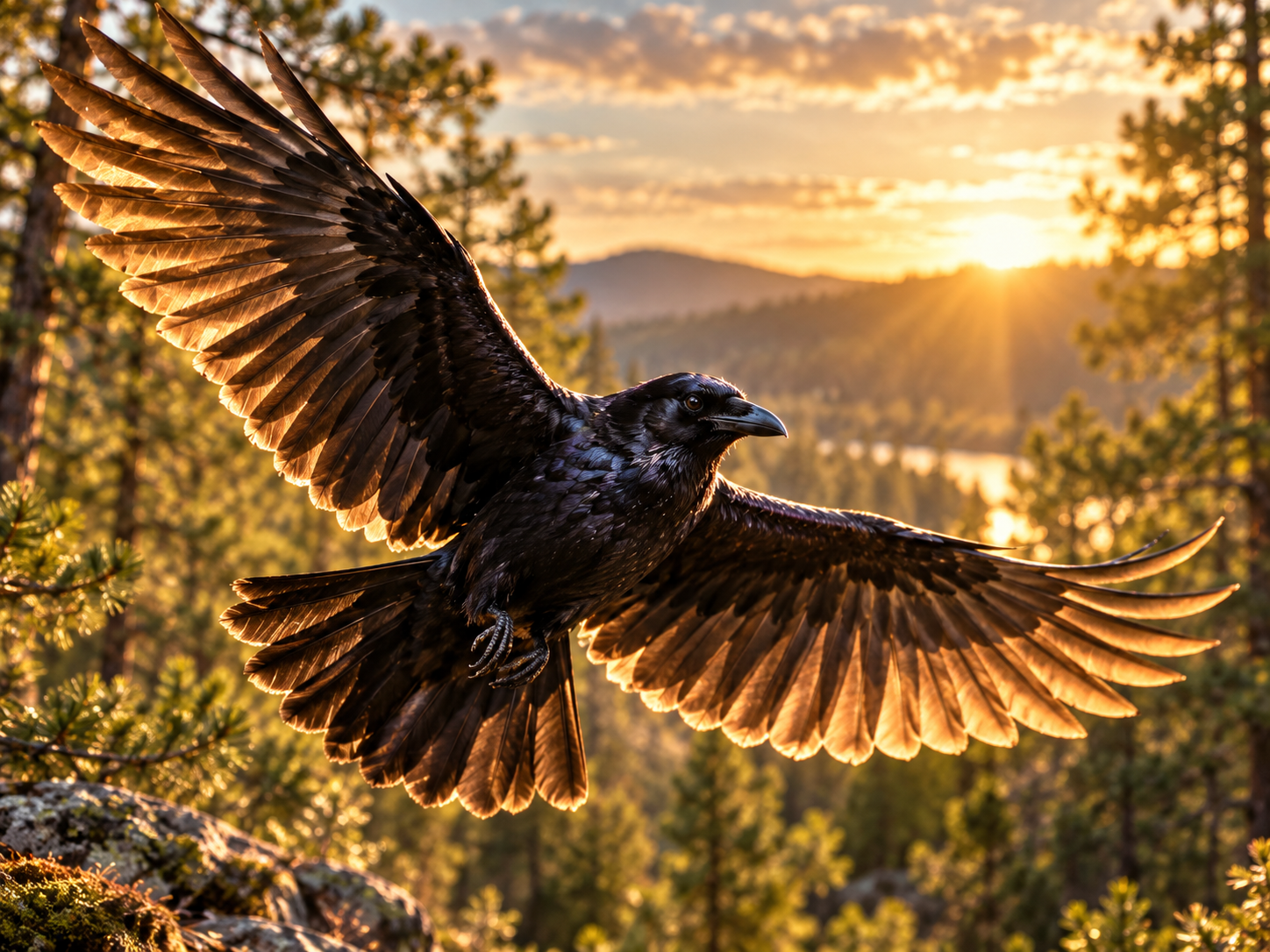 Crow spreads his wings above the woods at sunset