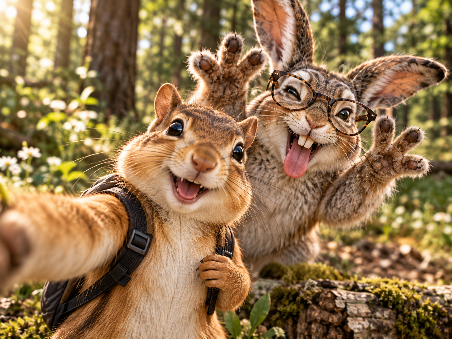 Charlene takes a selfie while Rabbit waves and makes a funny face