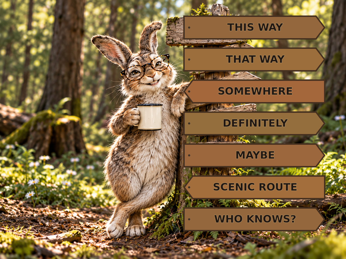 Rabbit beneath the seven labeled arrows of the signpost