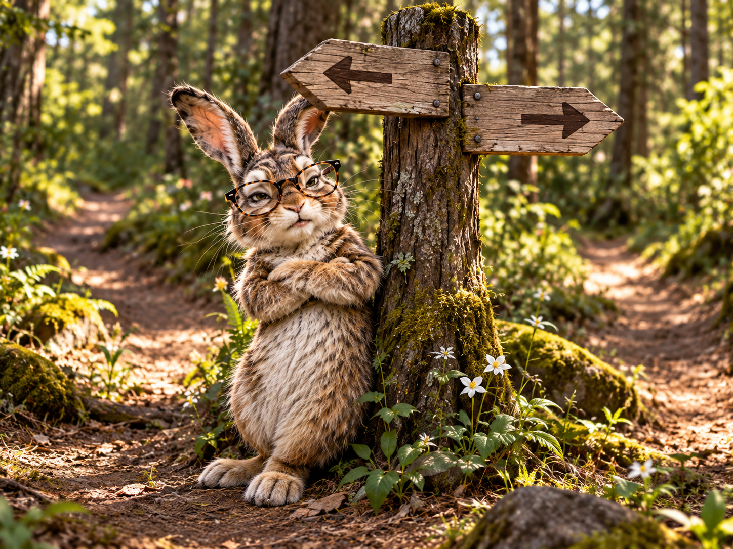 Rabbit folds her paws beneath arrows pointing in opposite directions