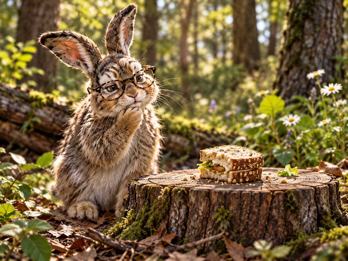 Rabbit sits beside a sandwich on a tree stump