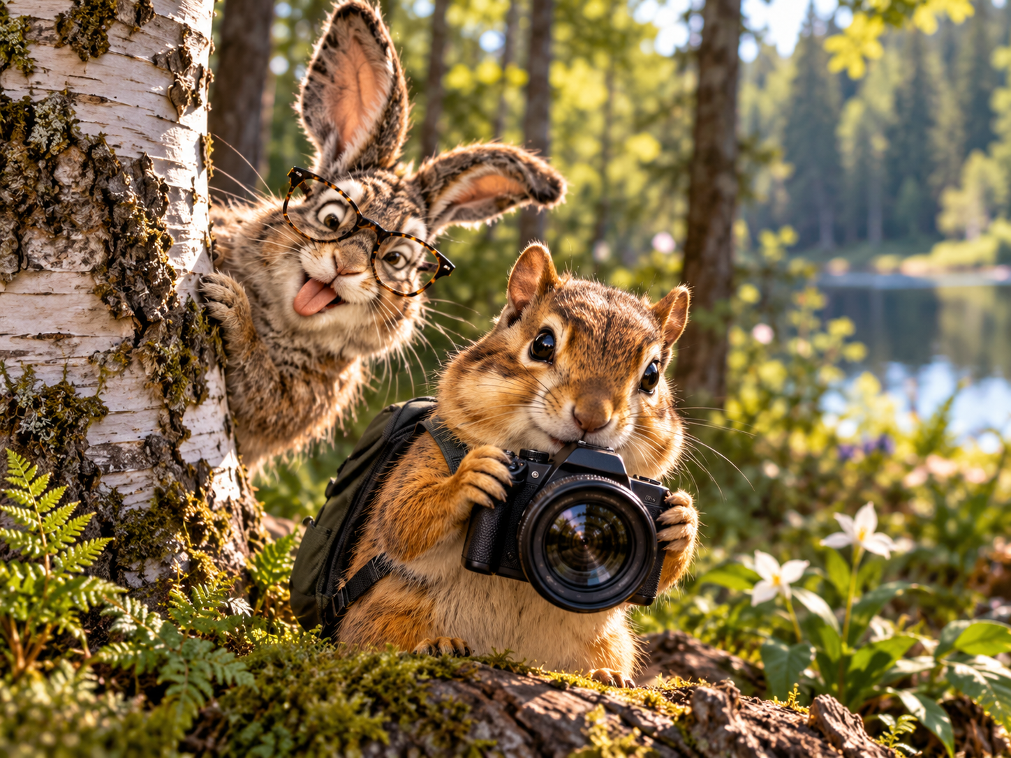 Rabbit peers around a birch tree while Charlene holds a camera