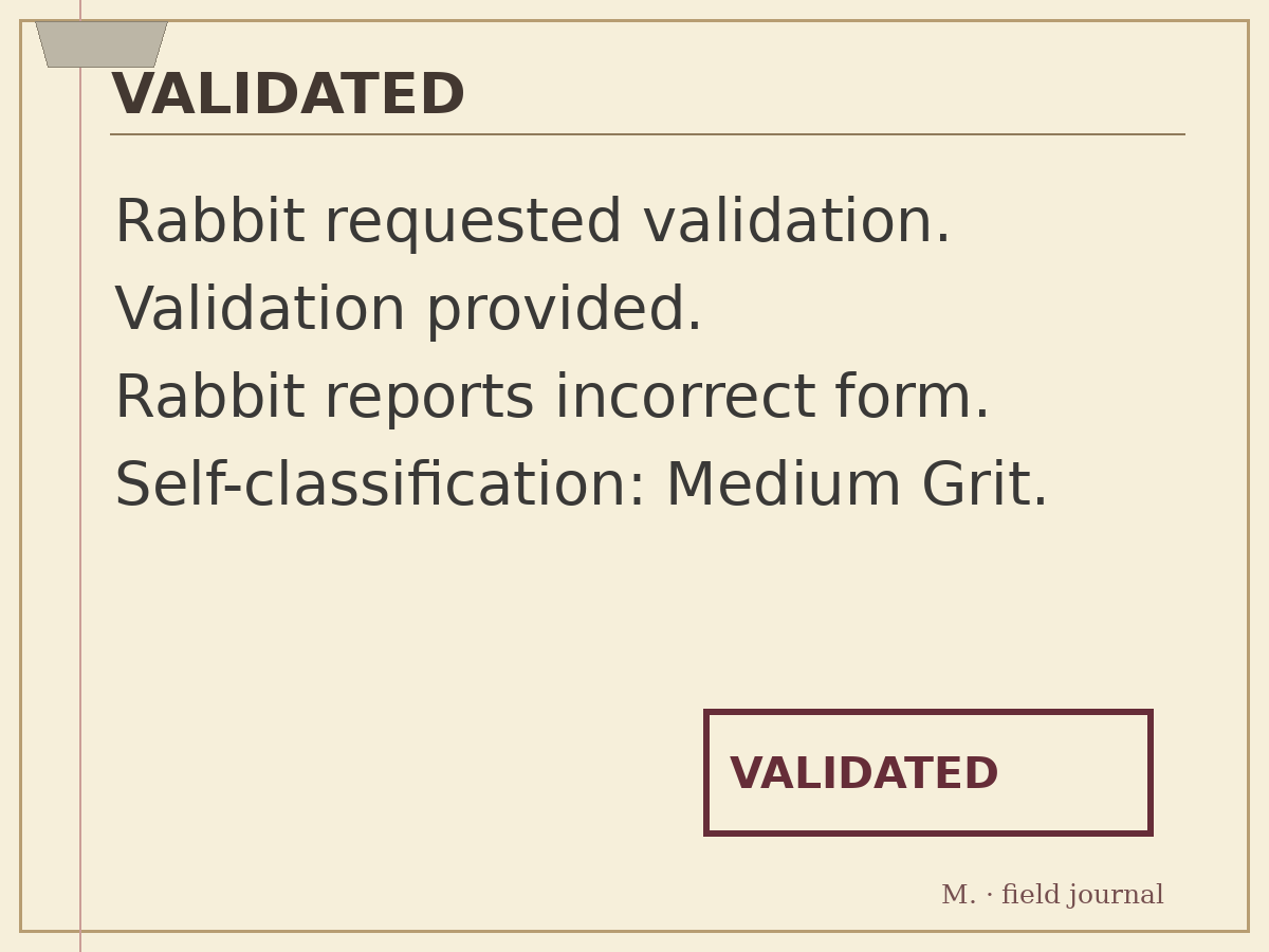 Monty's precise field document: validated