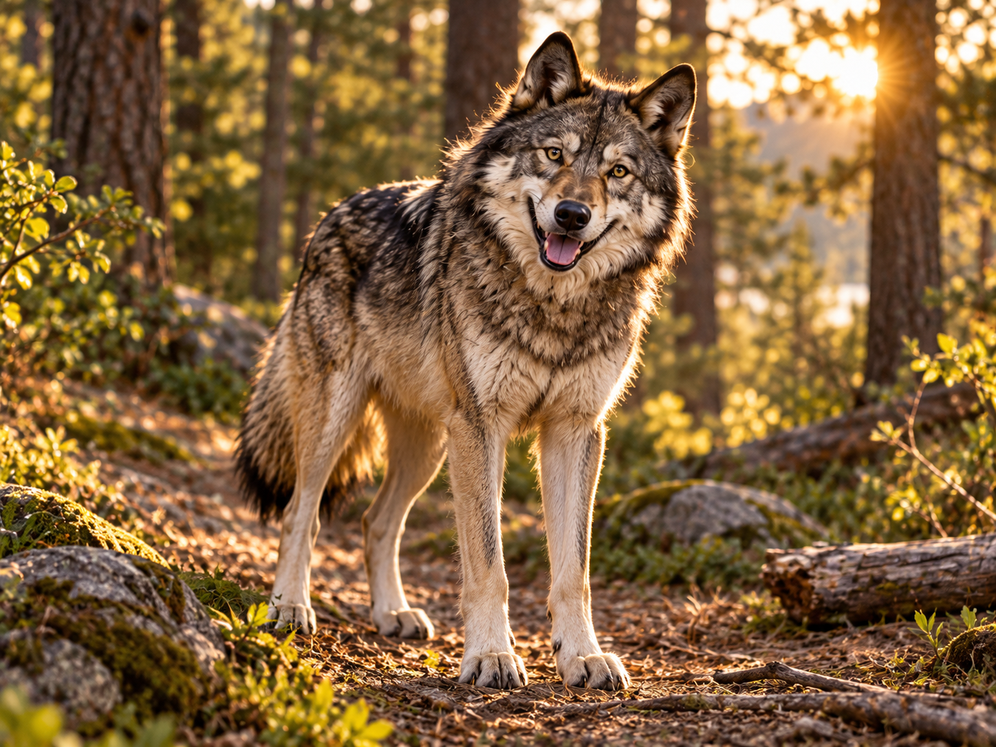 Wolf stands on the sunlit woodland path