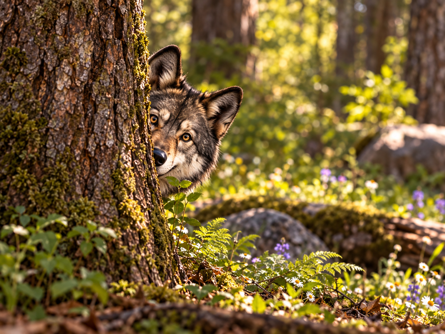 Wolf peeks from behind a tree in the woods