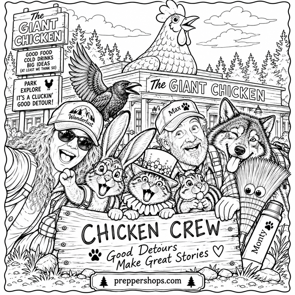 Black-and-white Chicken Crew coloring page with preppershops.com at the bottom