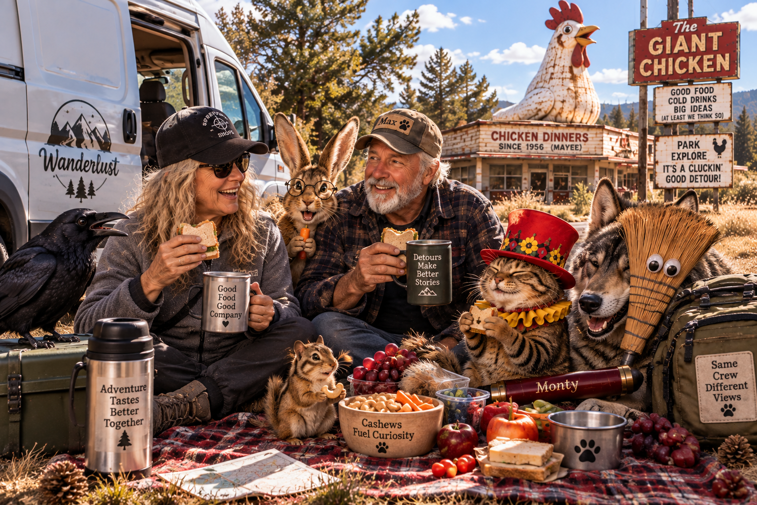 The crew picnics beside Wanderlust while Charlene guards the cashews