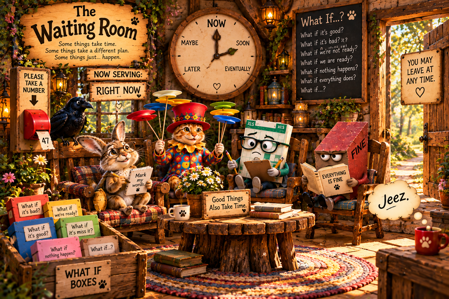 Rabbit, Plate Spinner, ExCel, and Fine sit in the Waiting Room beneath a large clock, with Crow beside ticket 47 and an open doorway.