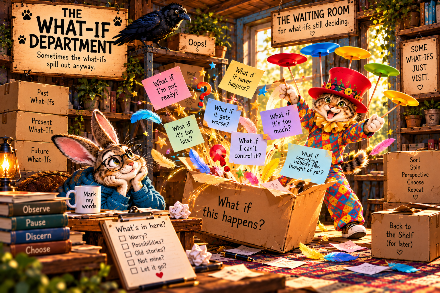 Colorful What-If question cards fly from an open box beside Rabbit while Plate Spinner balances plates and Crow watches above.