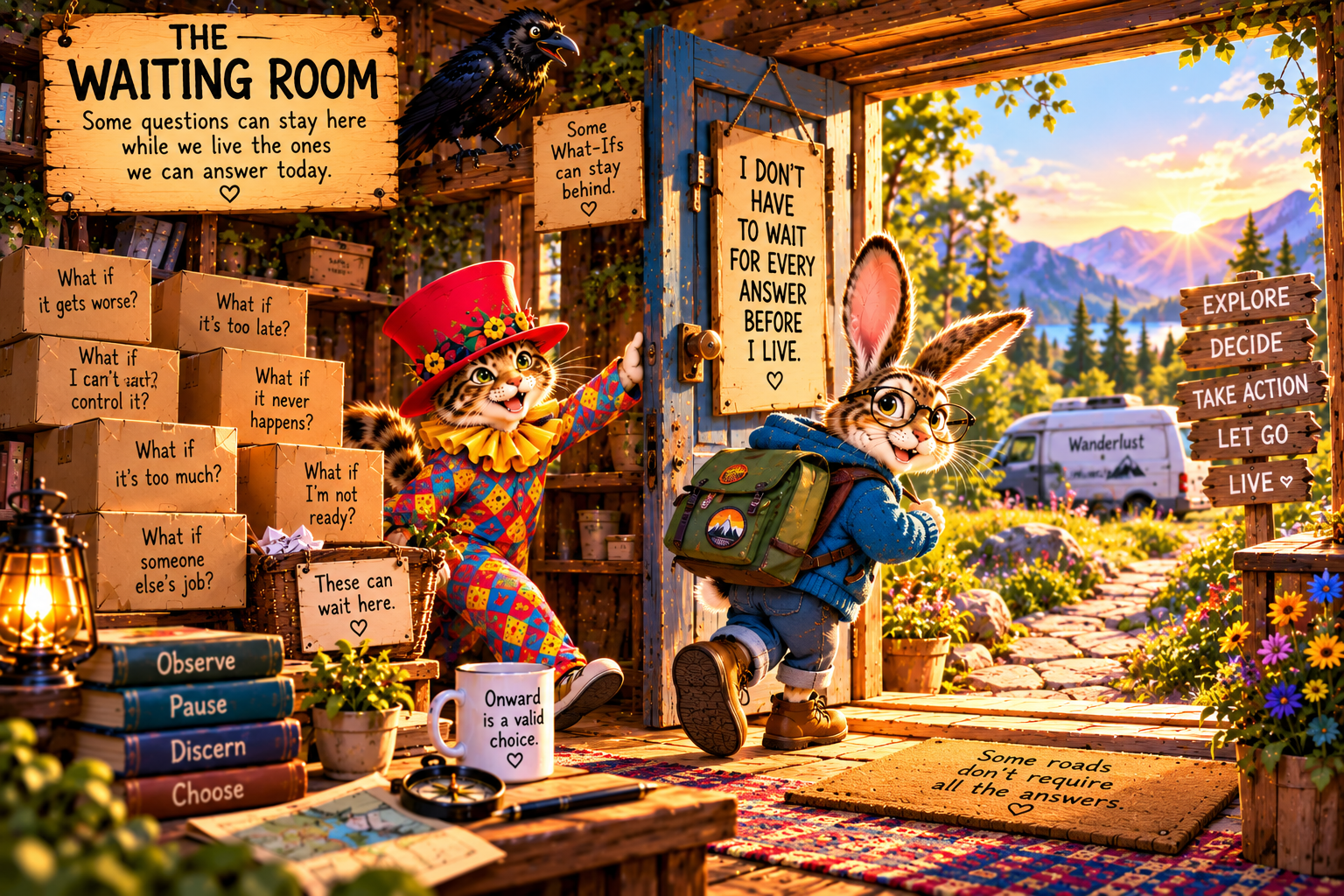 Rabbit carries a backpack through the open Waiting Room door toward Wanderlust and a mountain path as Plate Spinner waves and Crow watches.