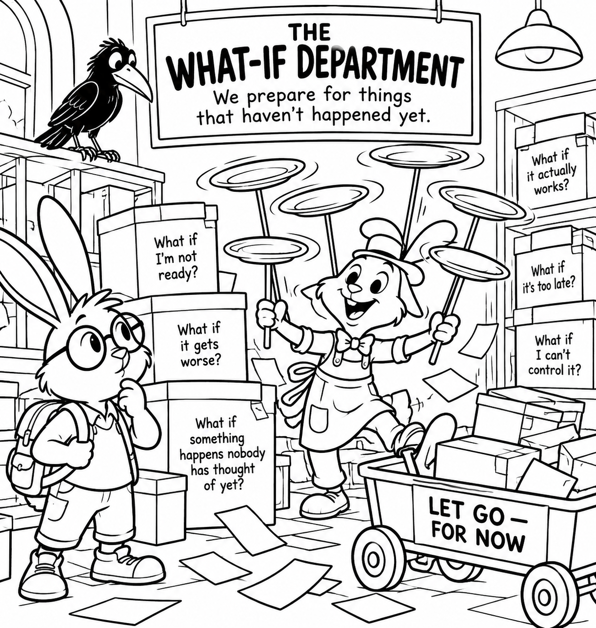 Black-and-white coloring page of Rabbit and Plate Spinner among What-If boxes, with spinning plates, Crow, and a Let Go for Now wagon.